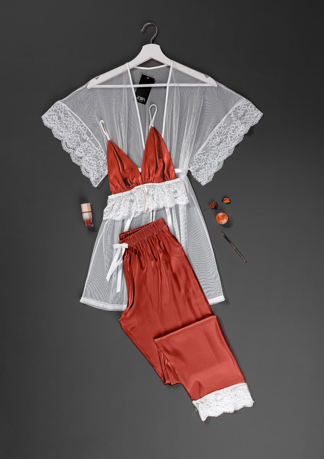 Lace Trim Satin Pajama Set