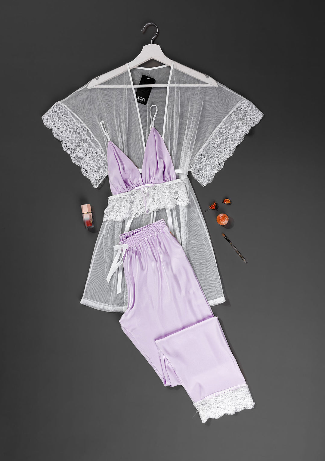 Lace Trim Satin Pajama Set