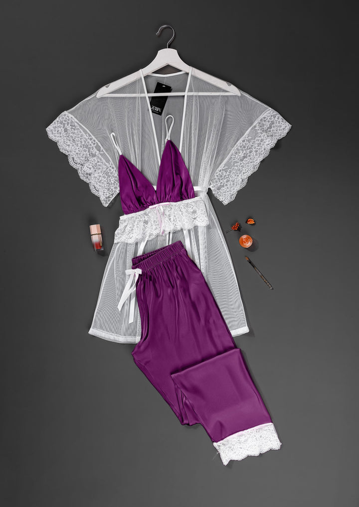 Lace Trim Satin Pajama Set