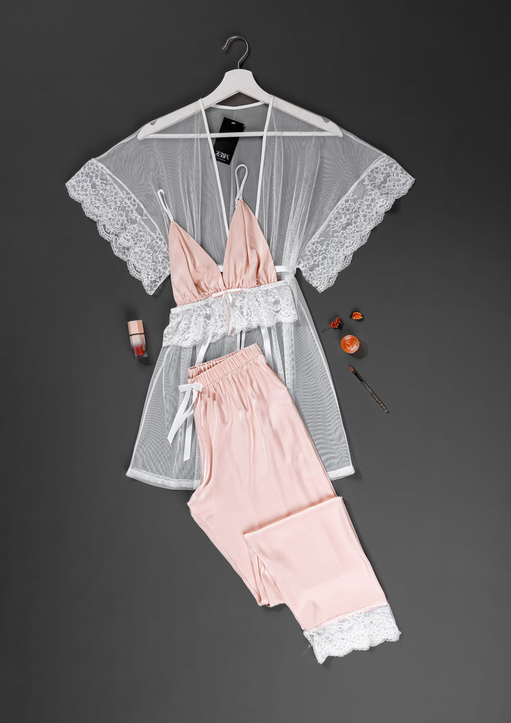 Lace Trim Satin Pajama Set