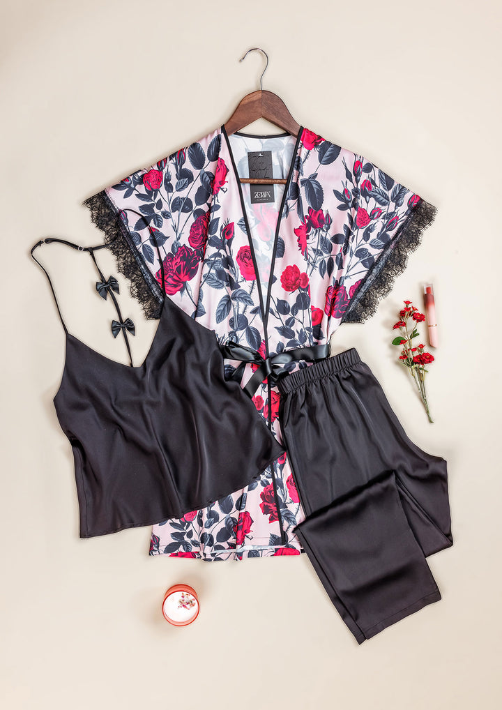 طقم بيجاما ساتان مع روب