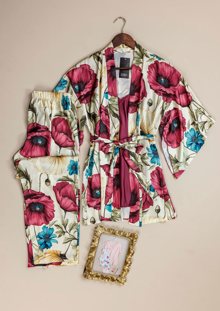 طقم بيجاما ساتان 3 قطع