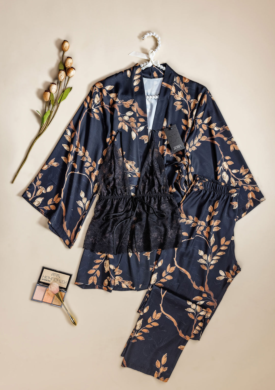 طقم بيجاما ساتان 3 قطع