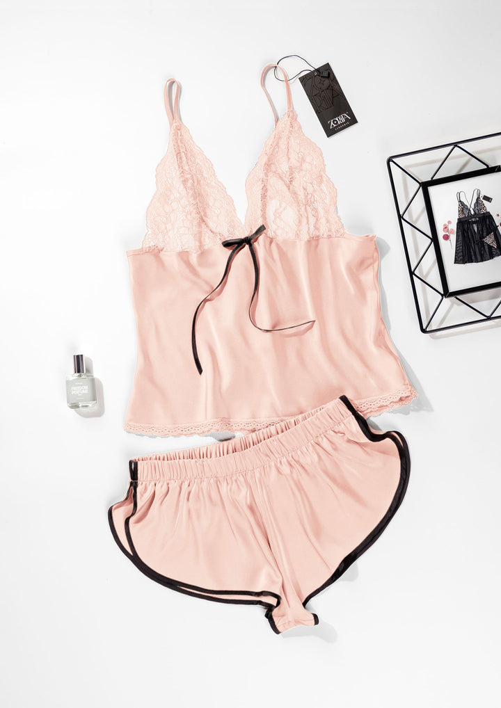 Satin Lace Trim Short Set