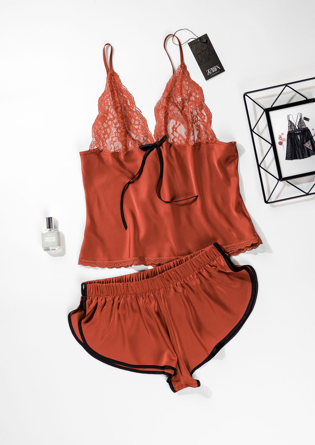 Satin Lace Trim Short Set