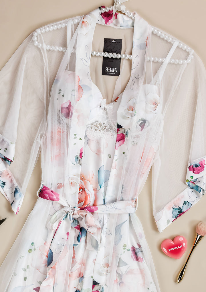 روب ساتان مزين بالورود