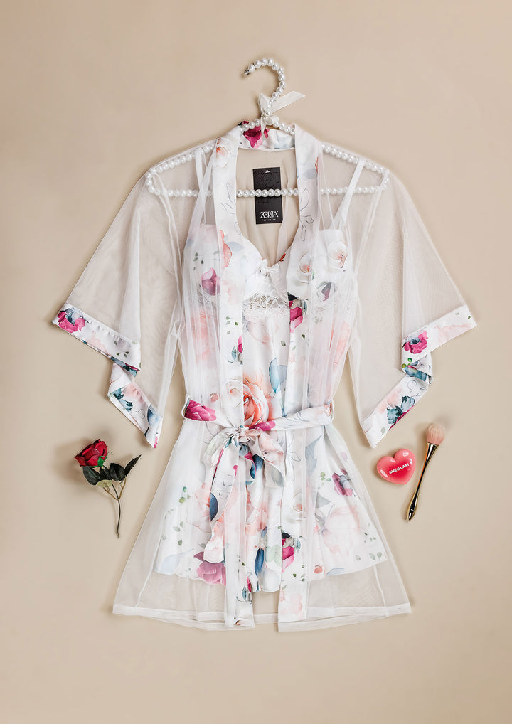 روب ساتان مزين بالورود