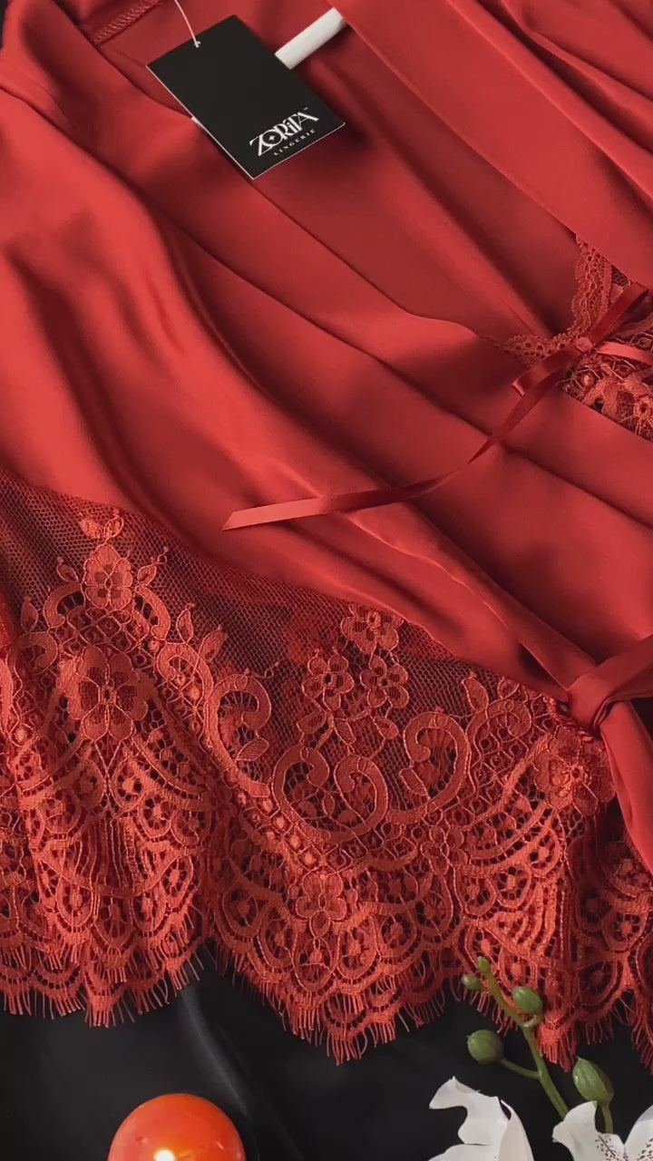 Satin Lace Trim Robe Set