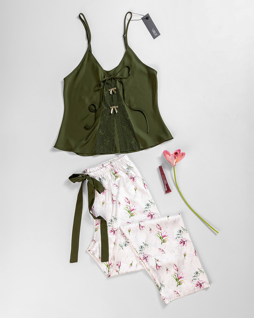 Satin Lace-Trim Pajama Set 3463-26
