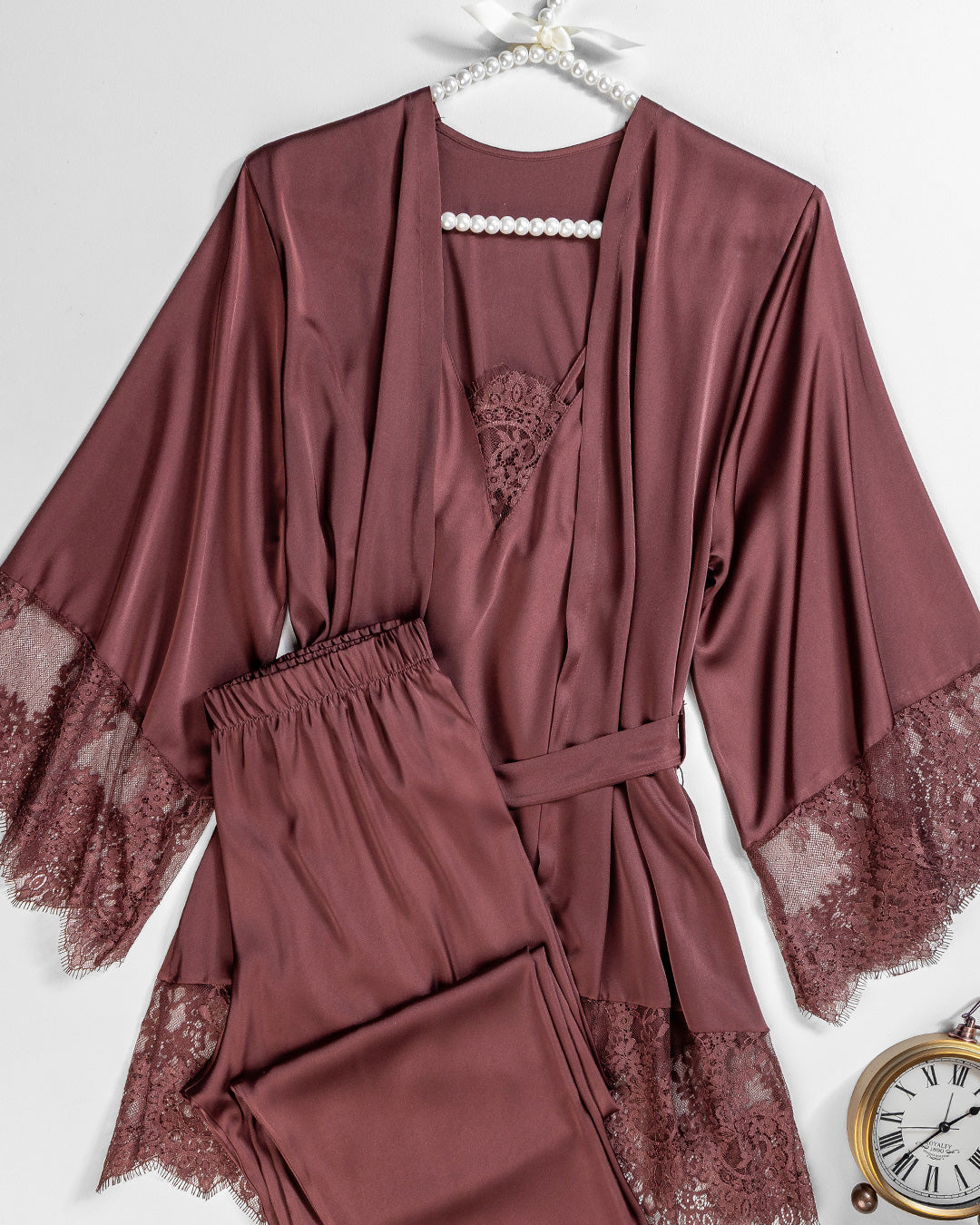 Satin & Lace Pajama Set – 3 Pieces 3518-26
