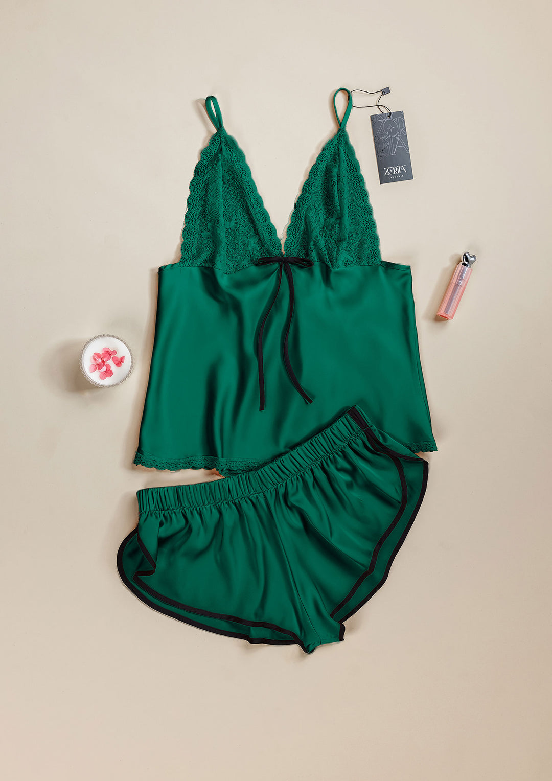 Satin Lace Trim Short Set