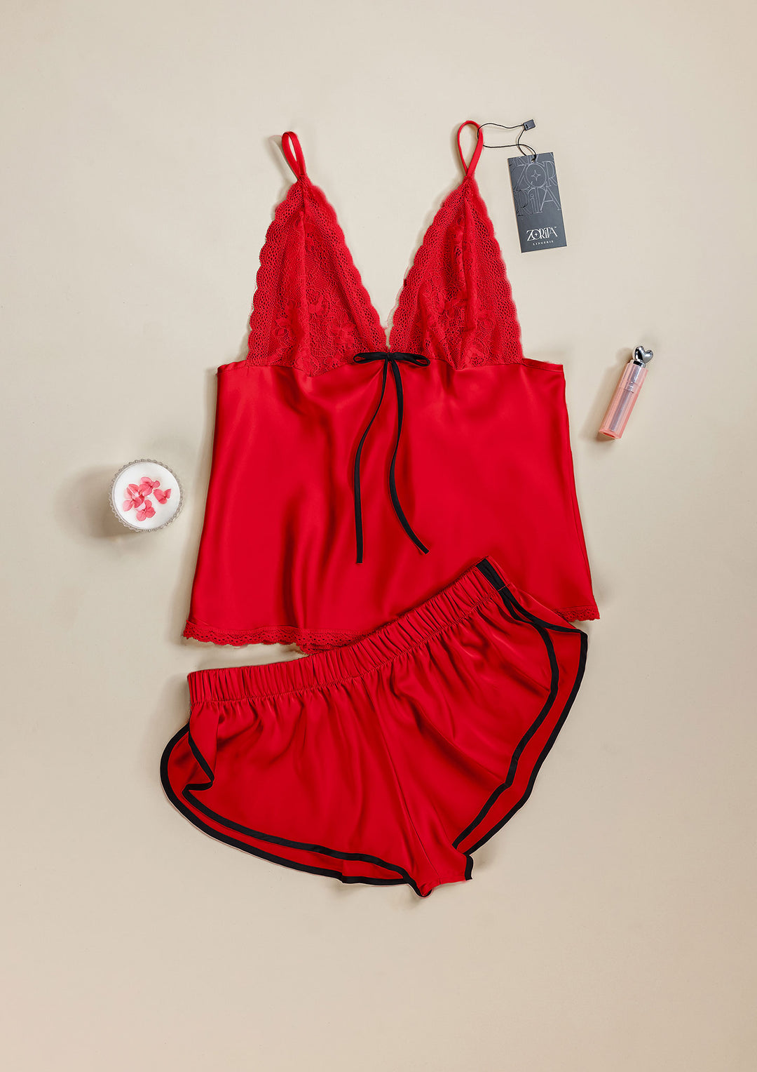 Satin Lace Trim Short Set