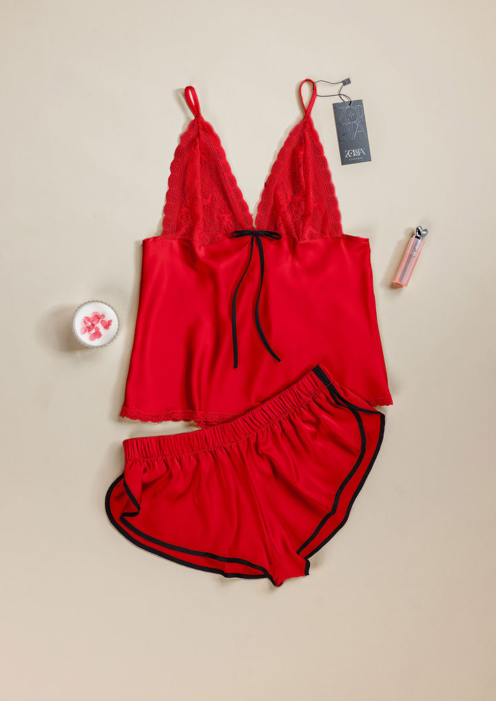 Satin Lace Trim Short Set