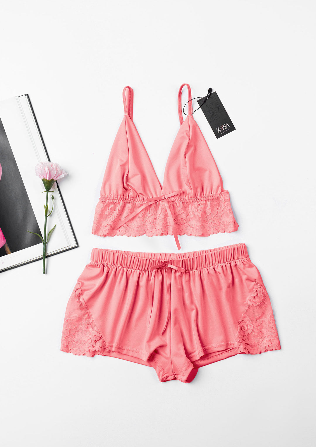 Lace-Trim Satin Short Set