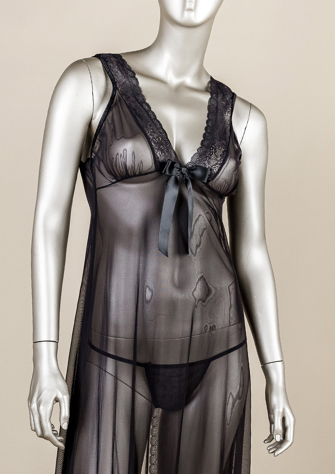 Lace Trim Open-Back Mesh Gown