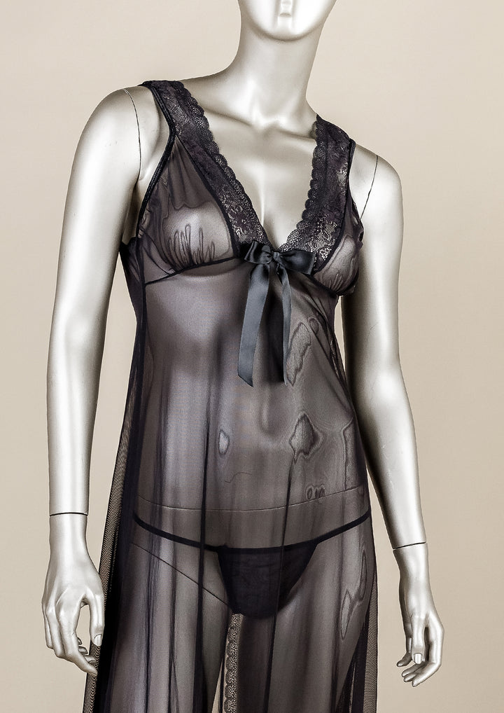 Lace Trim Open-Back Mesh Gown