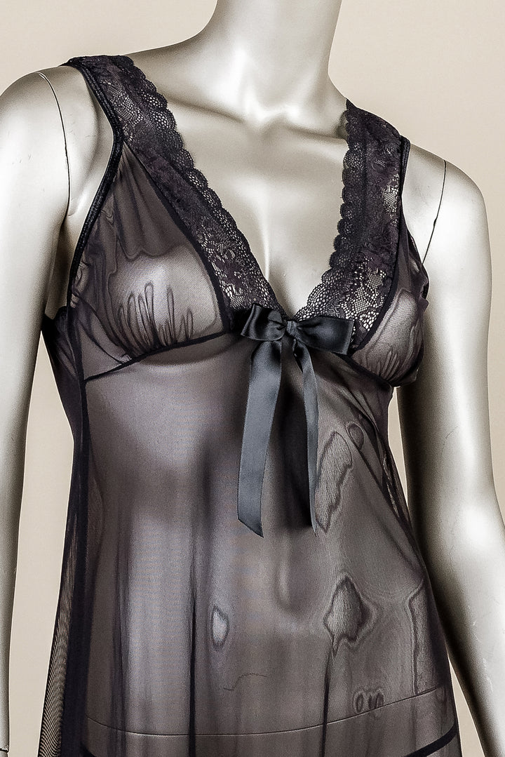 Lace Trim Open-Back Mesh Gown