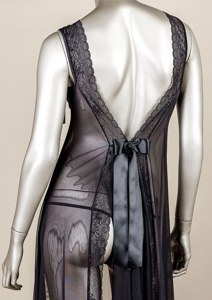 Lace Trim Open-Back Mesh Gown