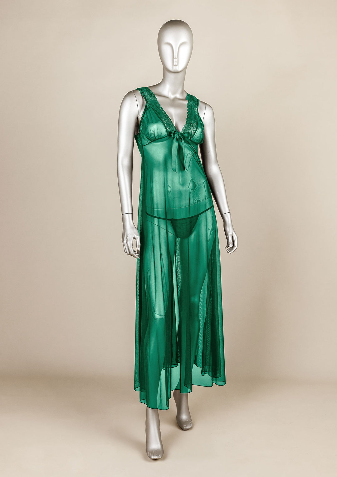 Lace Trim Open-Back Mesh Gown