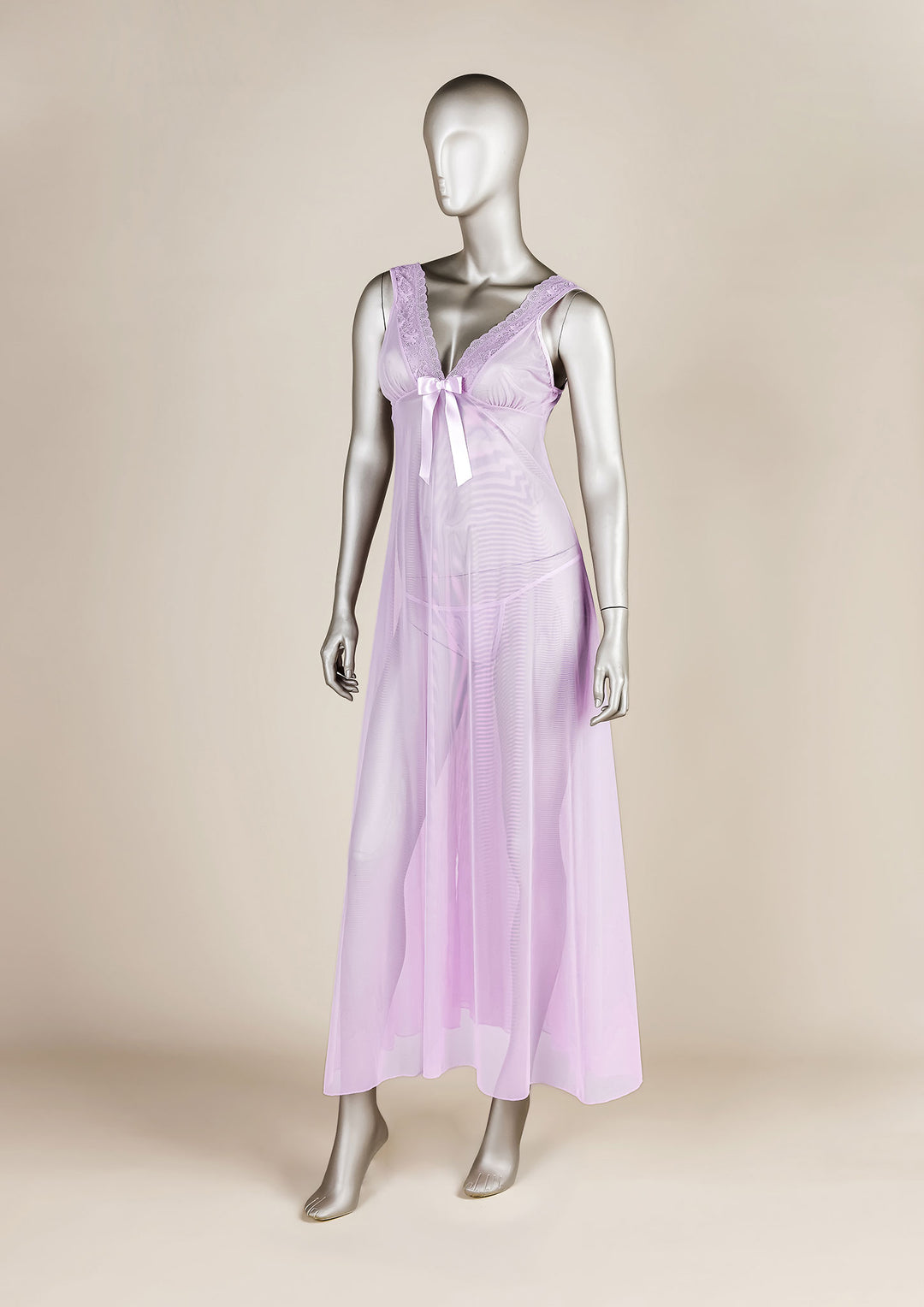 Lace Trim Open-Back Mesh Gown