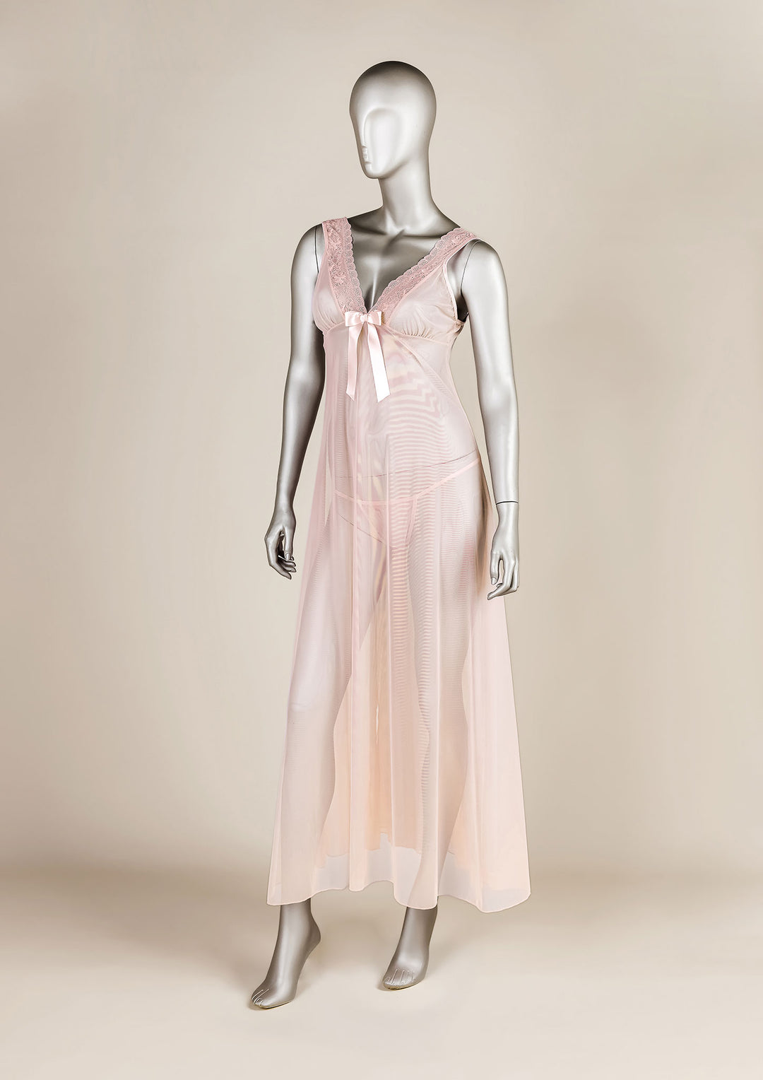 Lace Trim Open-Back Mesh Gown