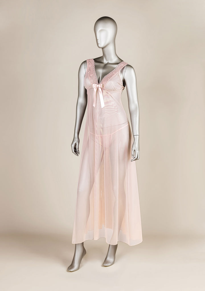 Lace Trim Open-Back Mesh Gown