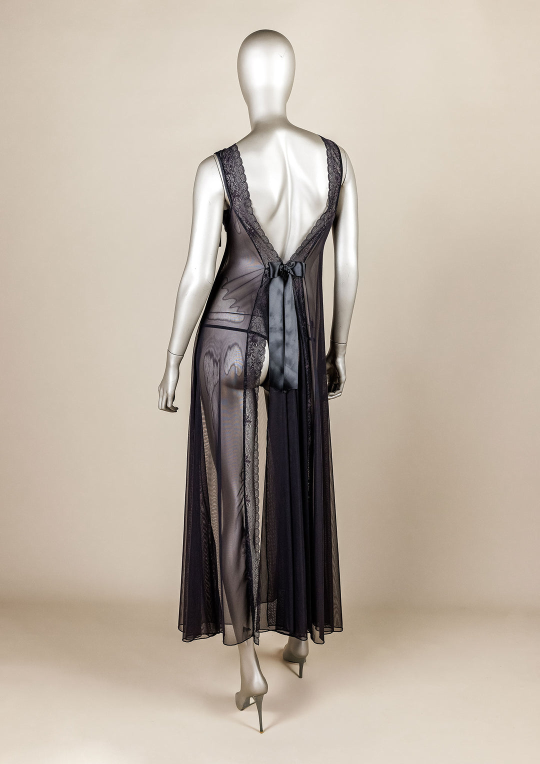 Lace Trim Open-Back Mesh Gown