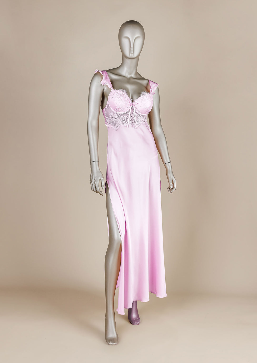 Long Satin Gown with Lace Trim – Zephyr (4784)
