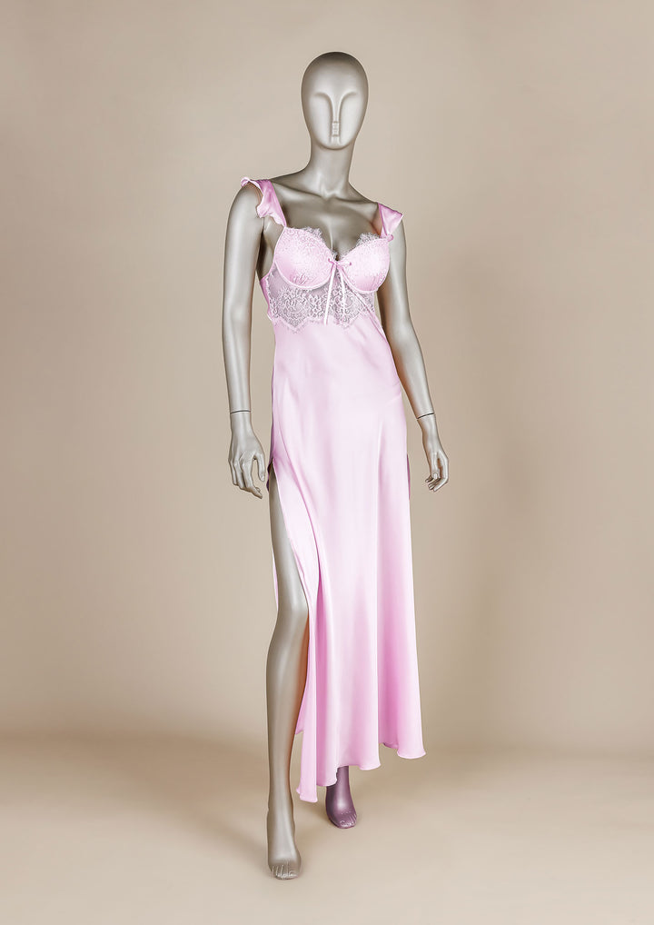 Long Satin Gown with Lace Trim – Zephyr (4784)