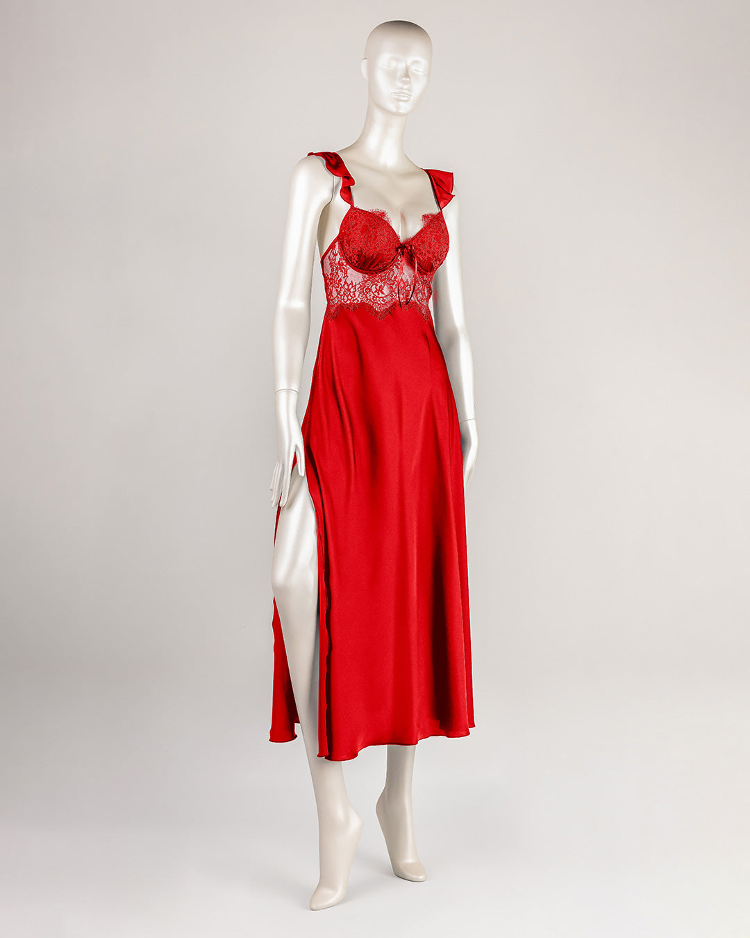Long Satin Gown with Lace Trim – Zephyr (4784)