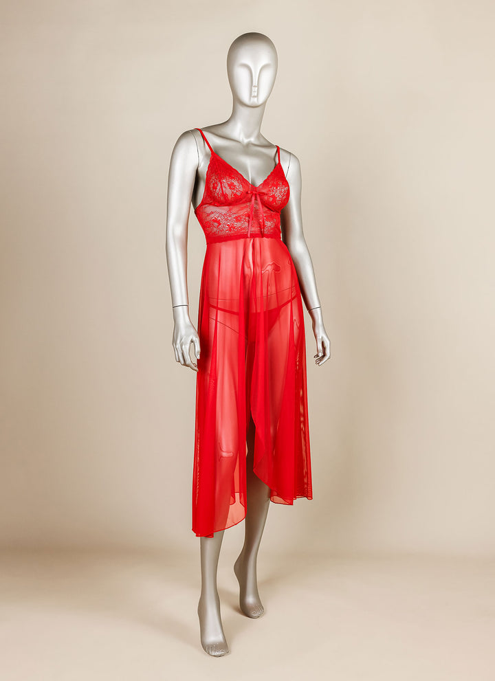 Red lace nightgown on a mannequin against a beige background