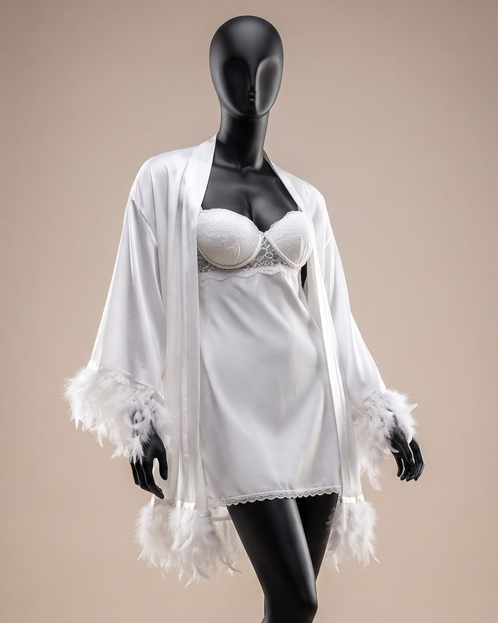 Feather-Trimmed Satin Bridal Set