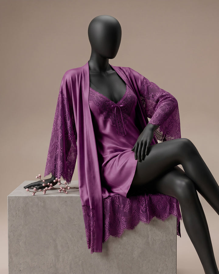 Satin Robe Set with Lace Trim – Sable (6092)