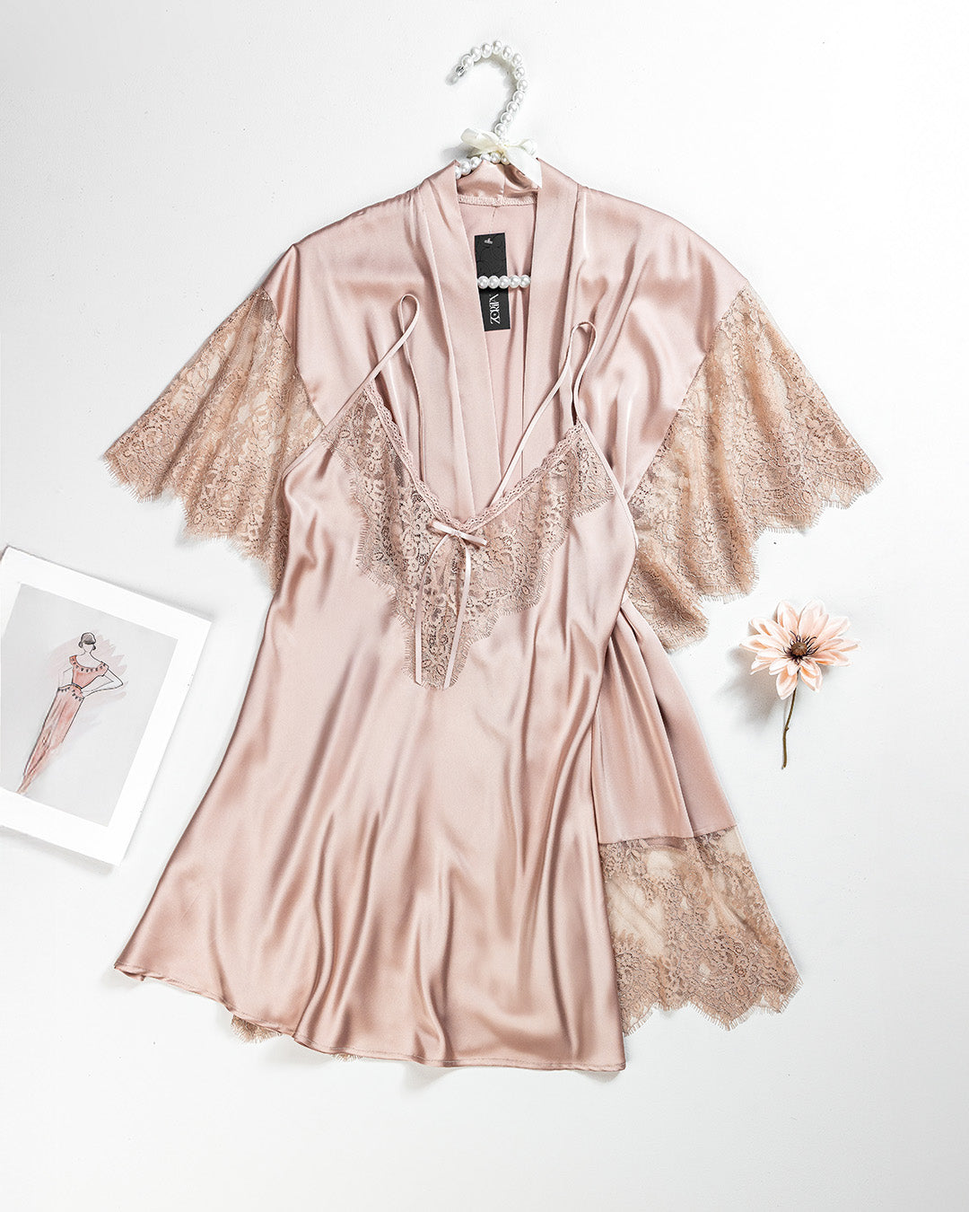 Satin Lace Trim Robe Set 6092-26