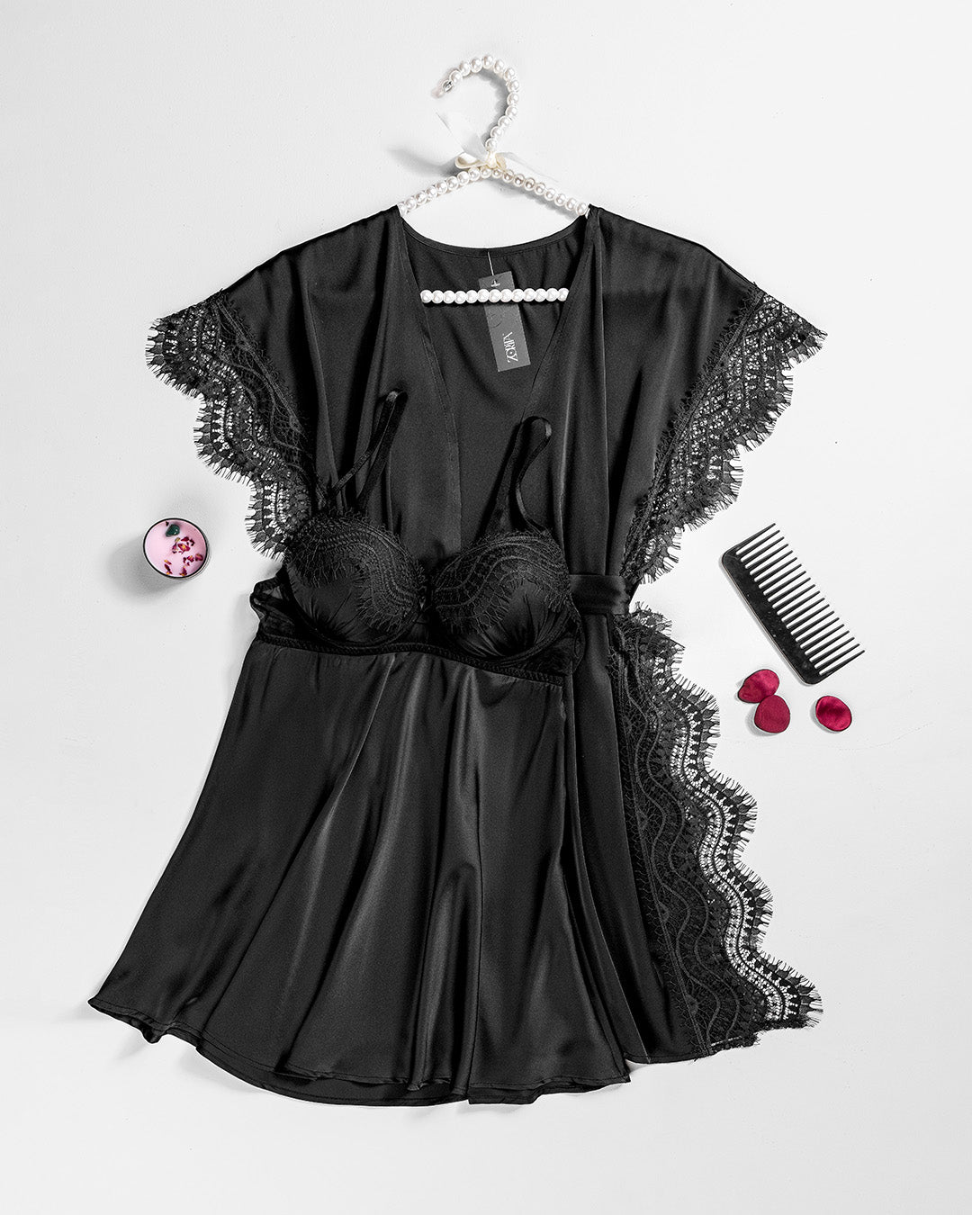 Lace Trim Satin Robe Set 6103-26