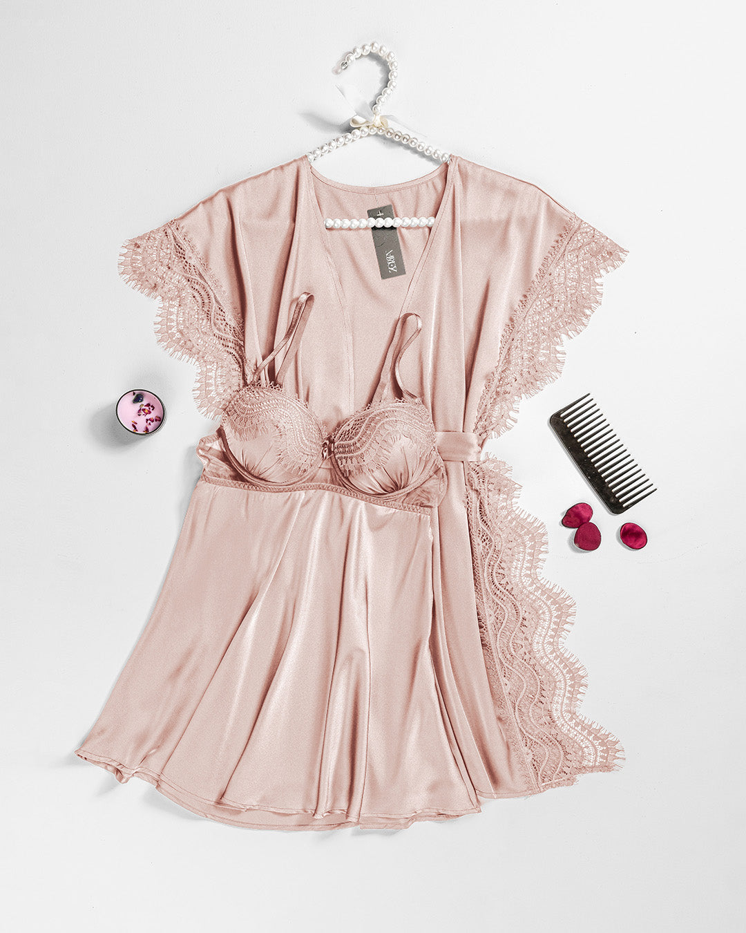 Lace Trim Satin Robe Set 6103-26