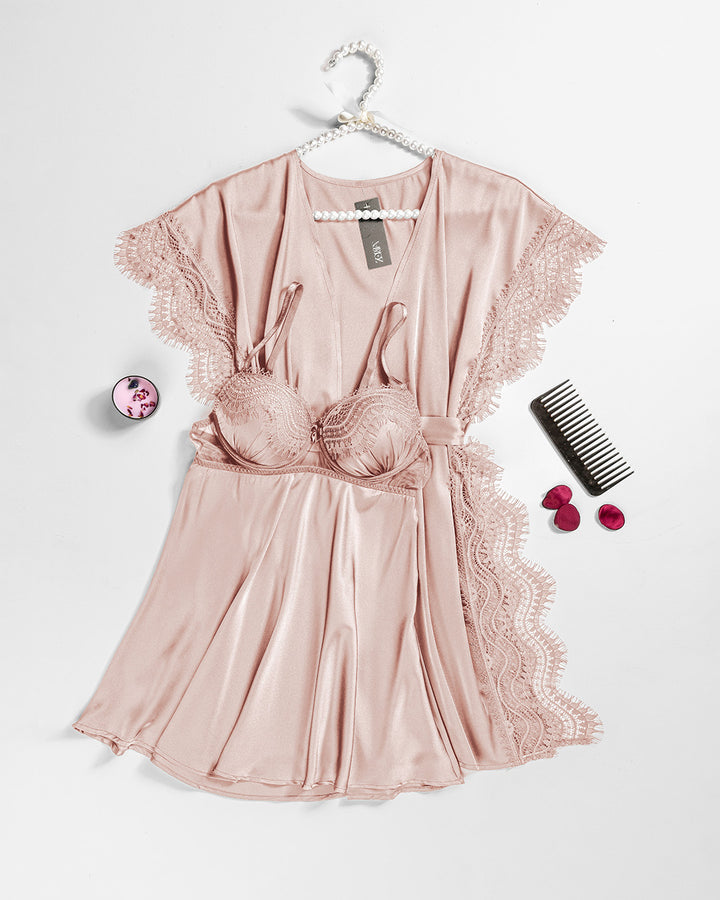 Lace Trim Satin Robe Set 6103-26