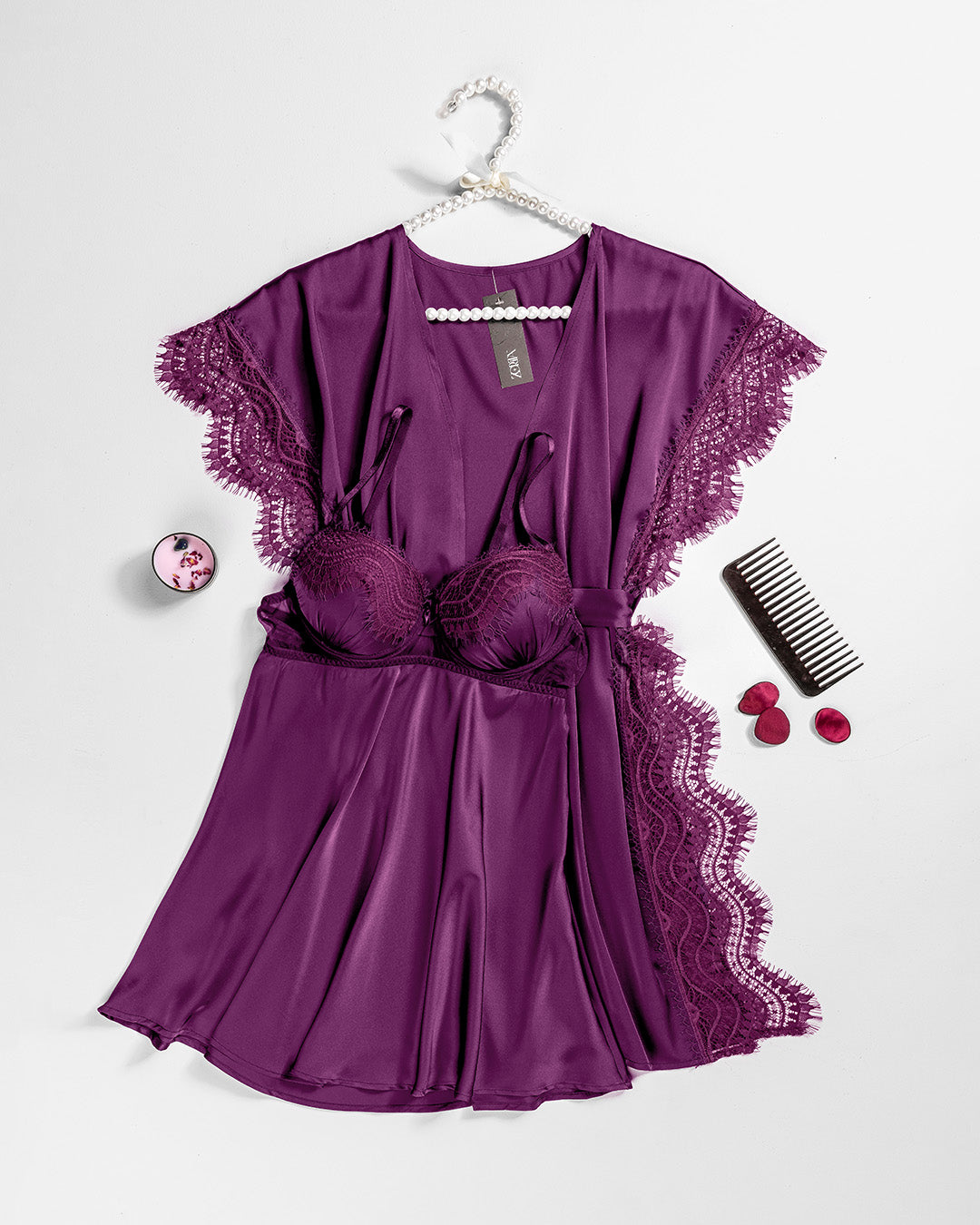 Lace Trim Satin Robe Set 6103-26