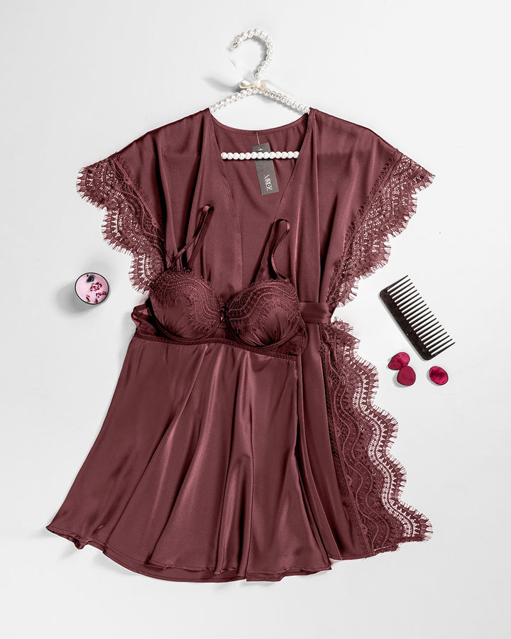 Lace Trim Satin Robe Set 6103-26