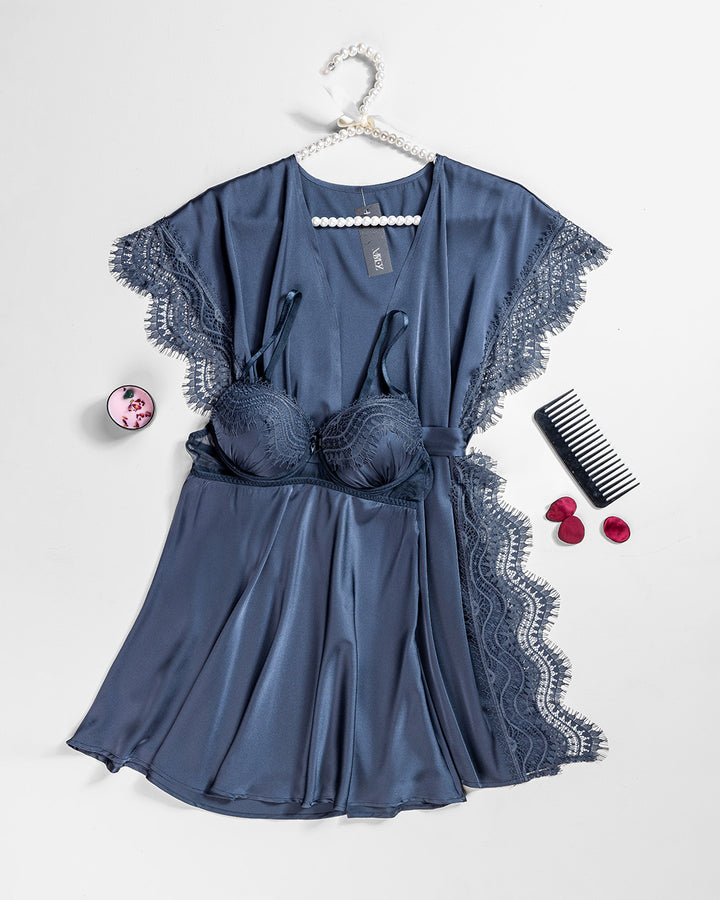 Lace Trim Satin Robe Set 6103-26