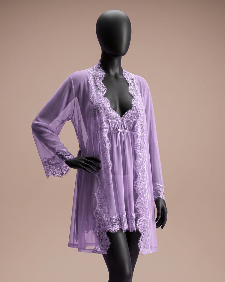 Mesh Robe with Lace Set