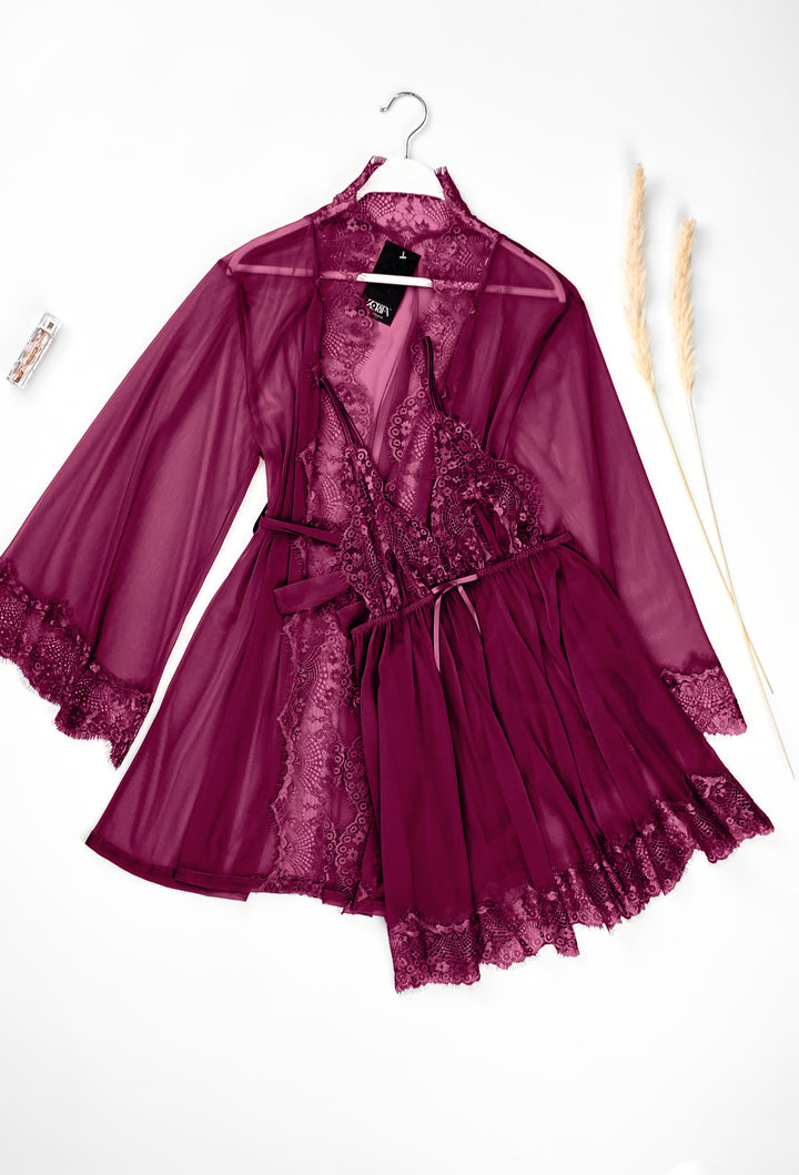 Mesh Robe with Lace Set