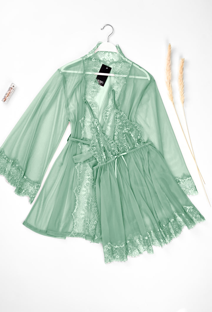 Mesh Robe with Lace Set