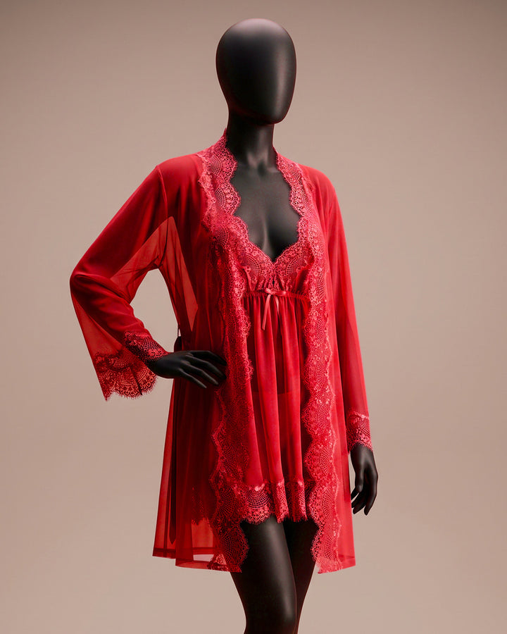 Mesh Robe with Lace Set
