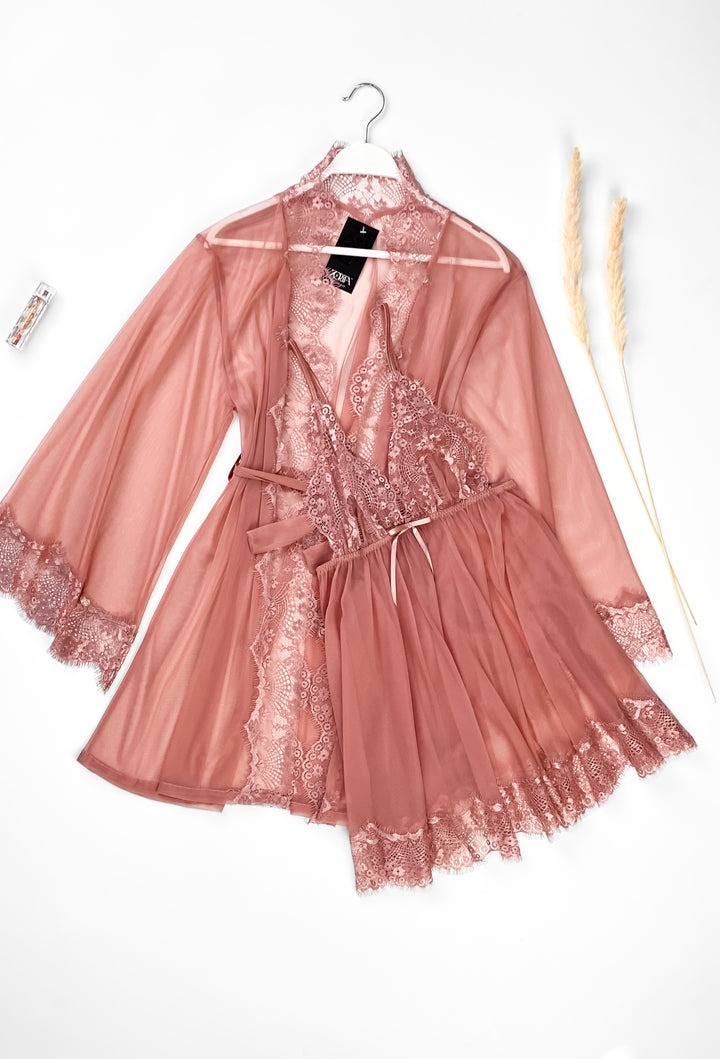 Mesh Robe with Lace Set