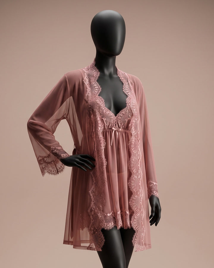 Mesh Robe with Lace Set