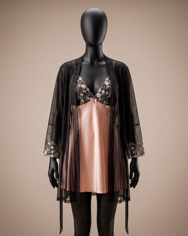 Satin Robe Set with Lace Trim – Ember (6142)