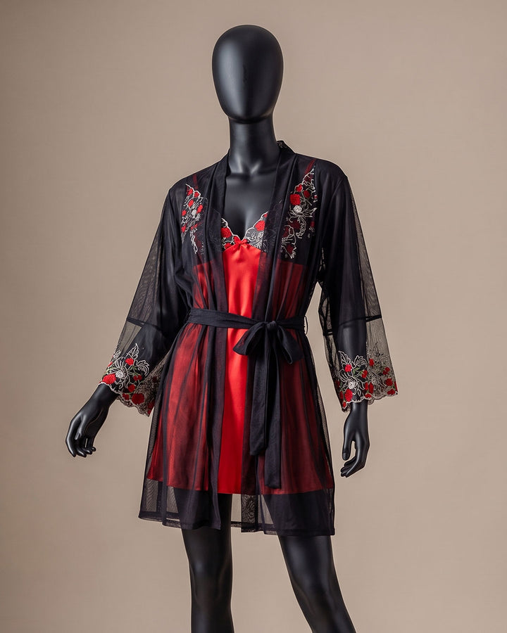 Satin Robe Set with Lace Trim – Ember (6142)
