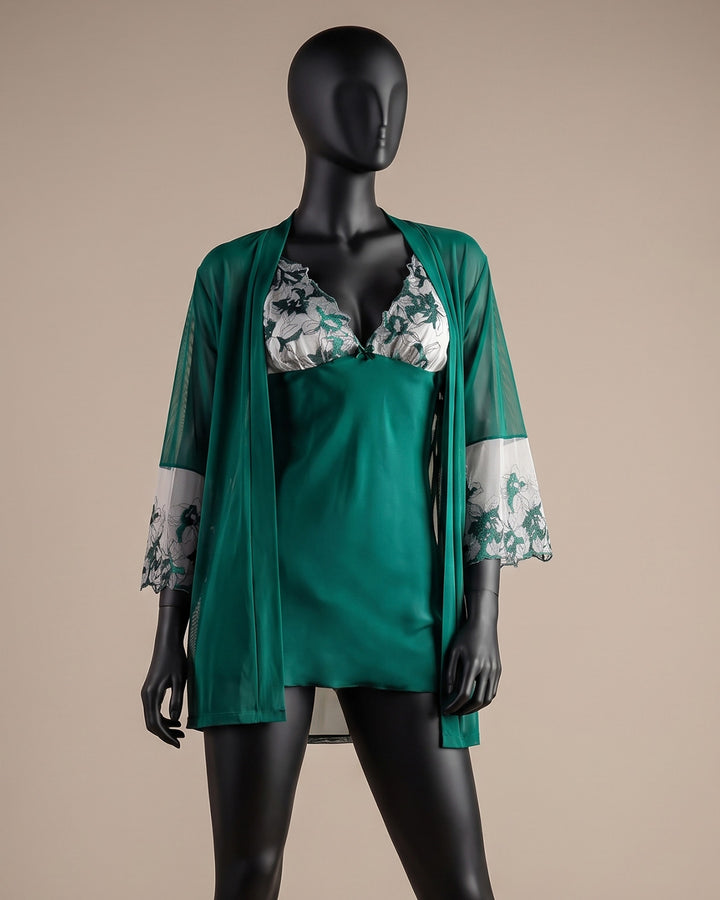 Satin Robe Set with Lace Trim – Fern (6142/1)