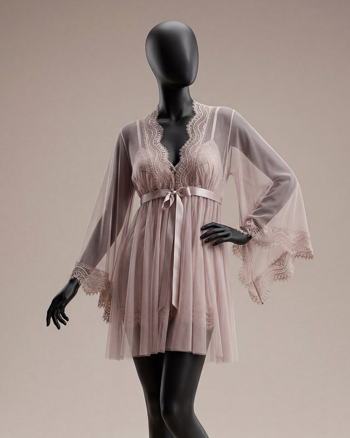 Tulle Robe & Satin Babydoll Set 6155-26